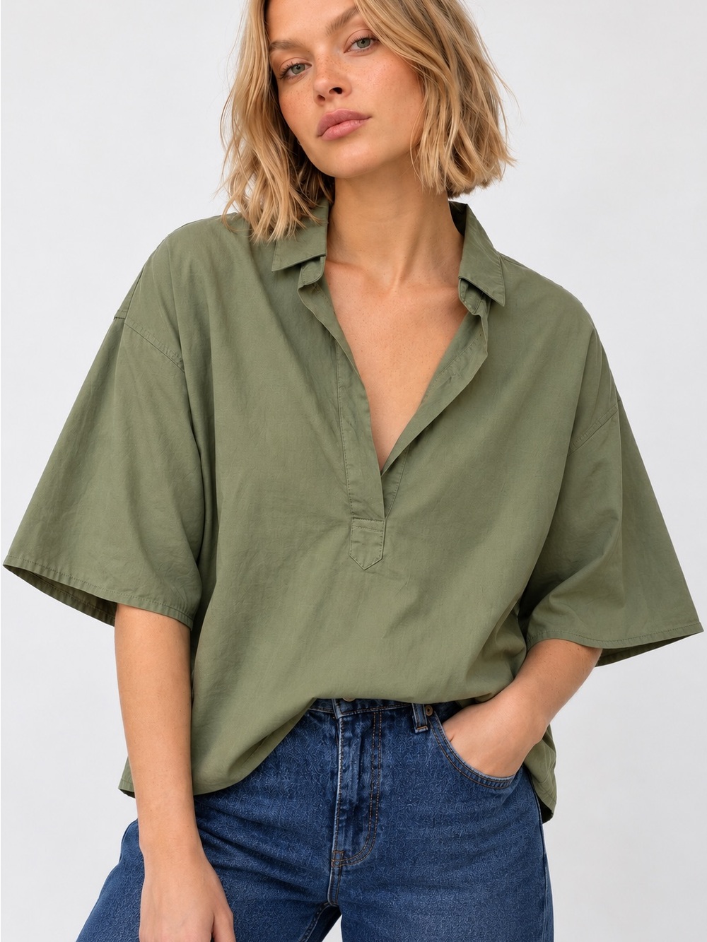 A Shirt Thing Olive Green Cotton Poplin Oversized V Neck Blouse Womens Size M